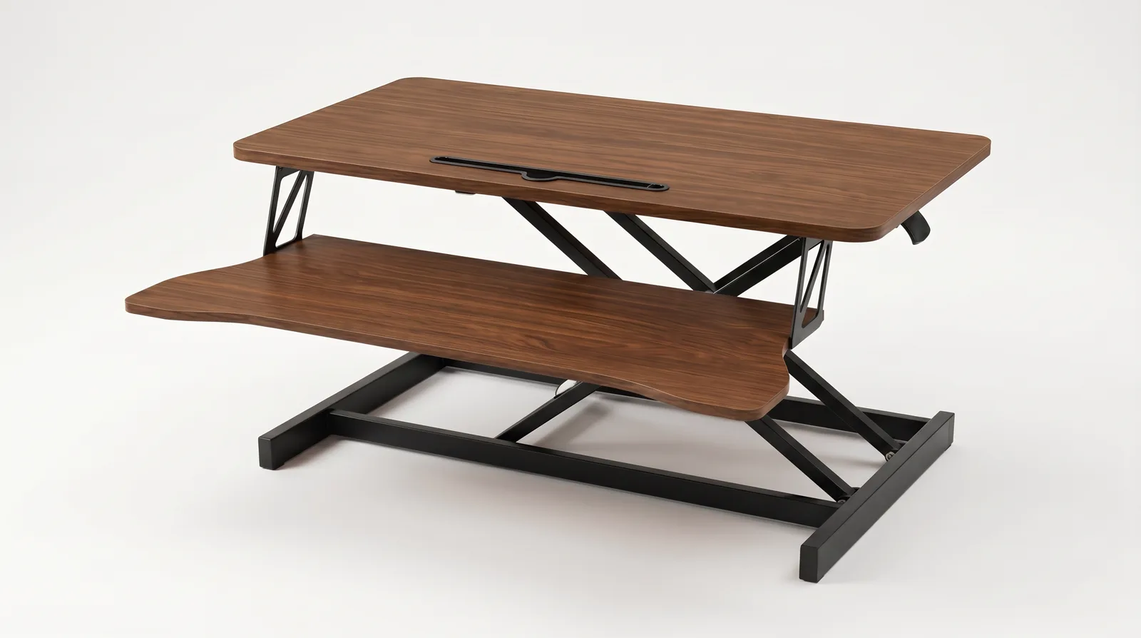 The desk converter raised to standing height — the camera meets you at eye level