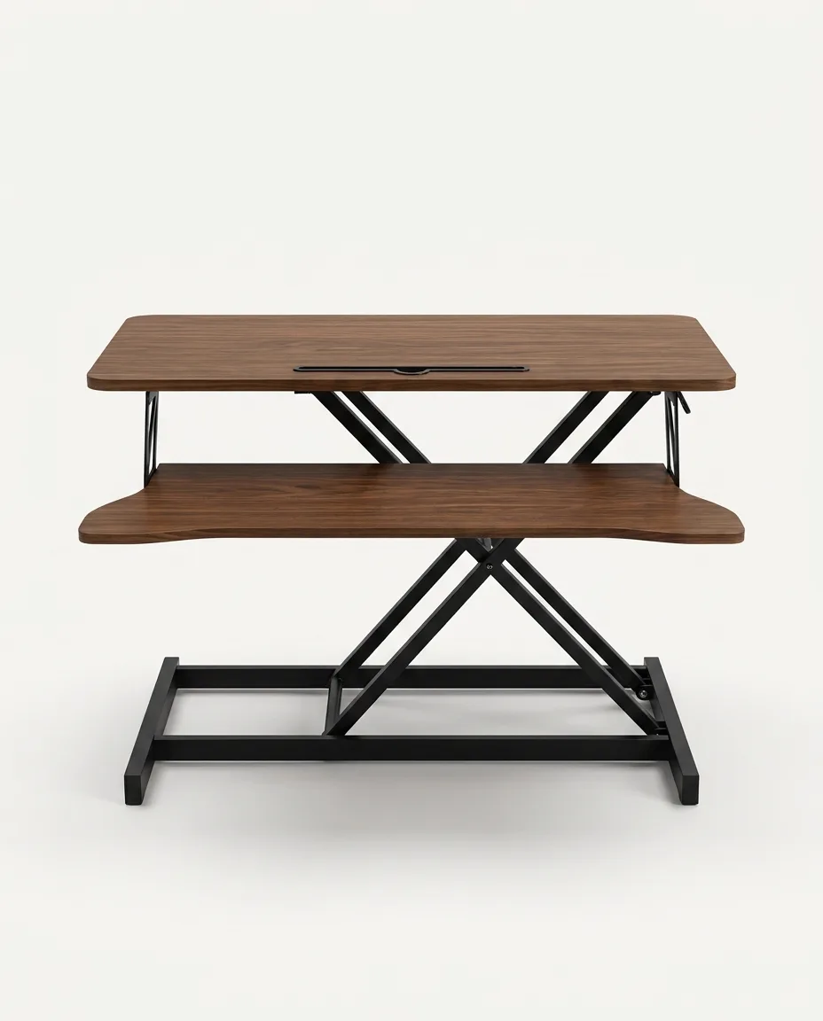 The sit-to-stand desk converter, studio packshot on a clean ground